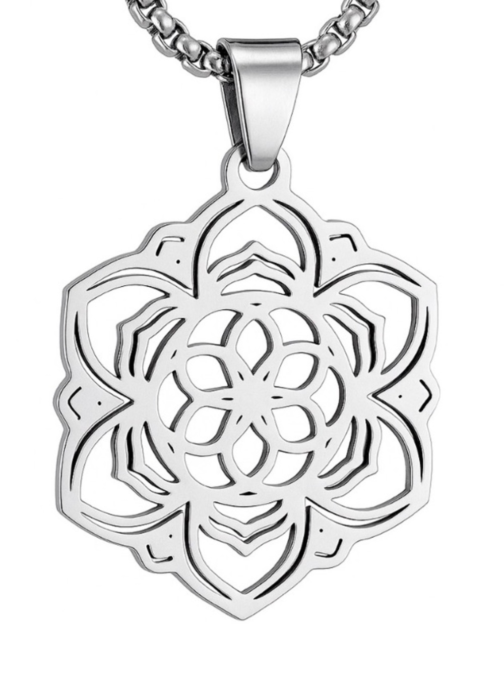 Stainless Steel Mandala Flower Pendant Necklace 24”